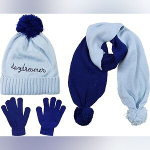 Girls Knit Hat, Scarf And Gloves Set- Blue/Navy -S.W.A.K